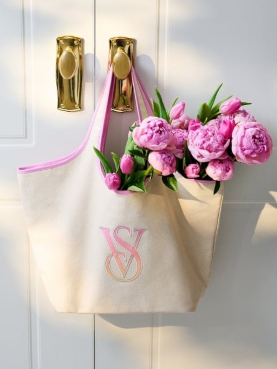 Victoria's Secret Handbags - Victoria Secret Canvas Tote Bag with Pink Trim and Monogram